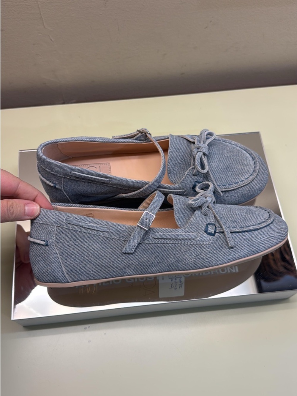AGL Denim made in Italy casual leather Mary Jane Loafers - Blue NWT bow - Picture 2 of 4
